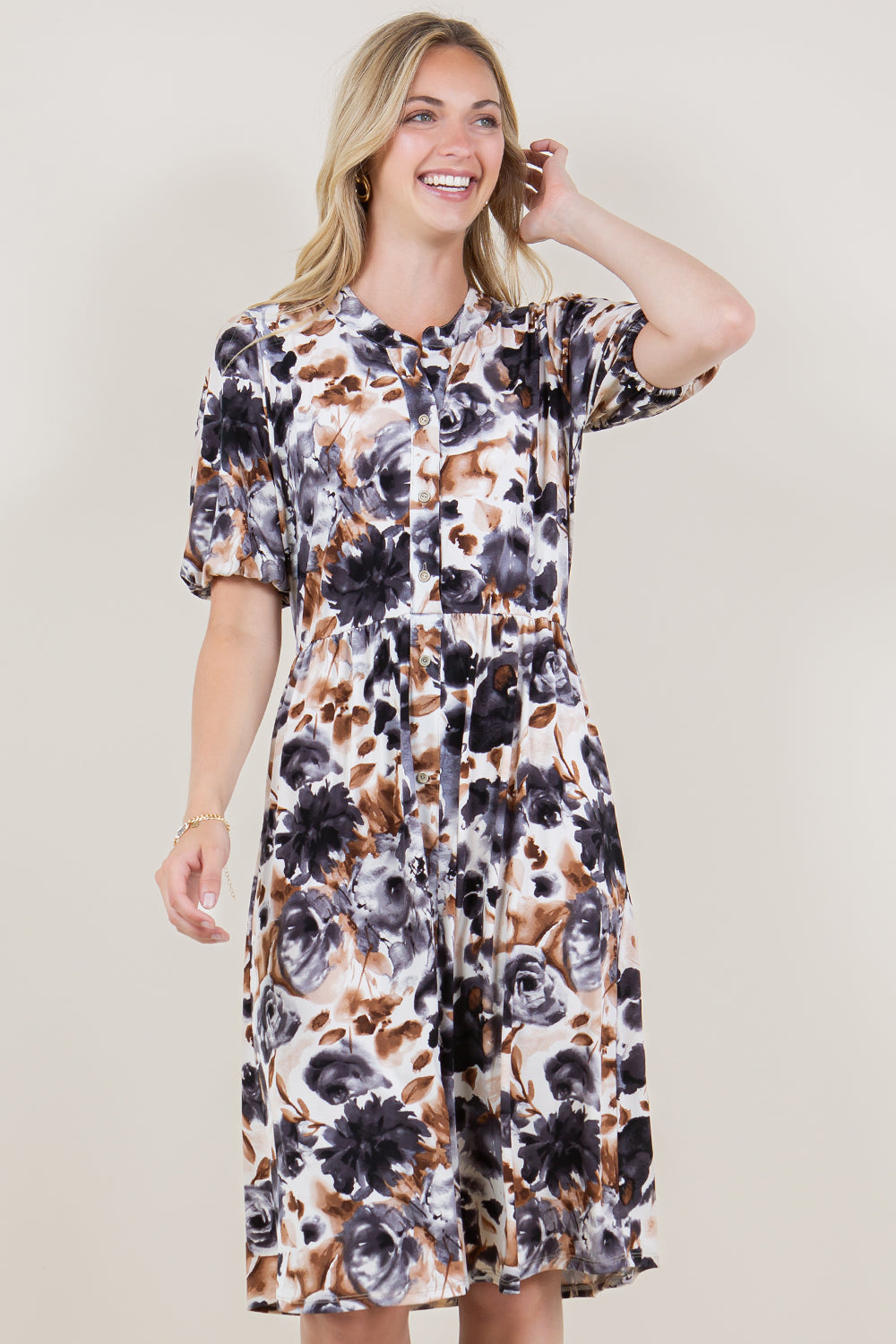 ELBOW BALLOON SLEEVE STAND COLLAR DRESS - D2797-ELBW-83030-1