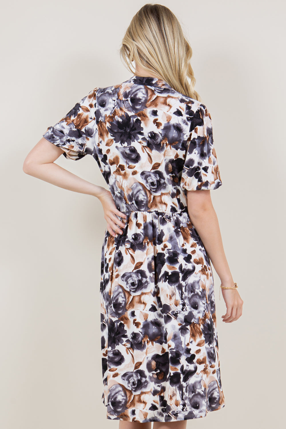 ELBOW BALLOON SLEEVE STAND COLLAR DRESS - D2797-ELBW-83030-1