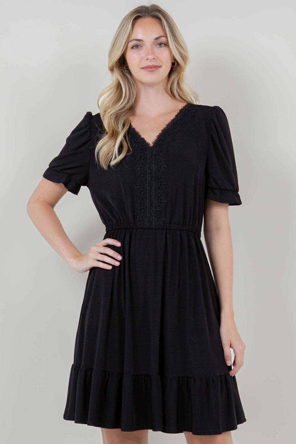 3/4 SLV RUFFLE HEM ELASTIC WAIST DRESS WITH LACE NECKLINE - D3090-ITY TOP