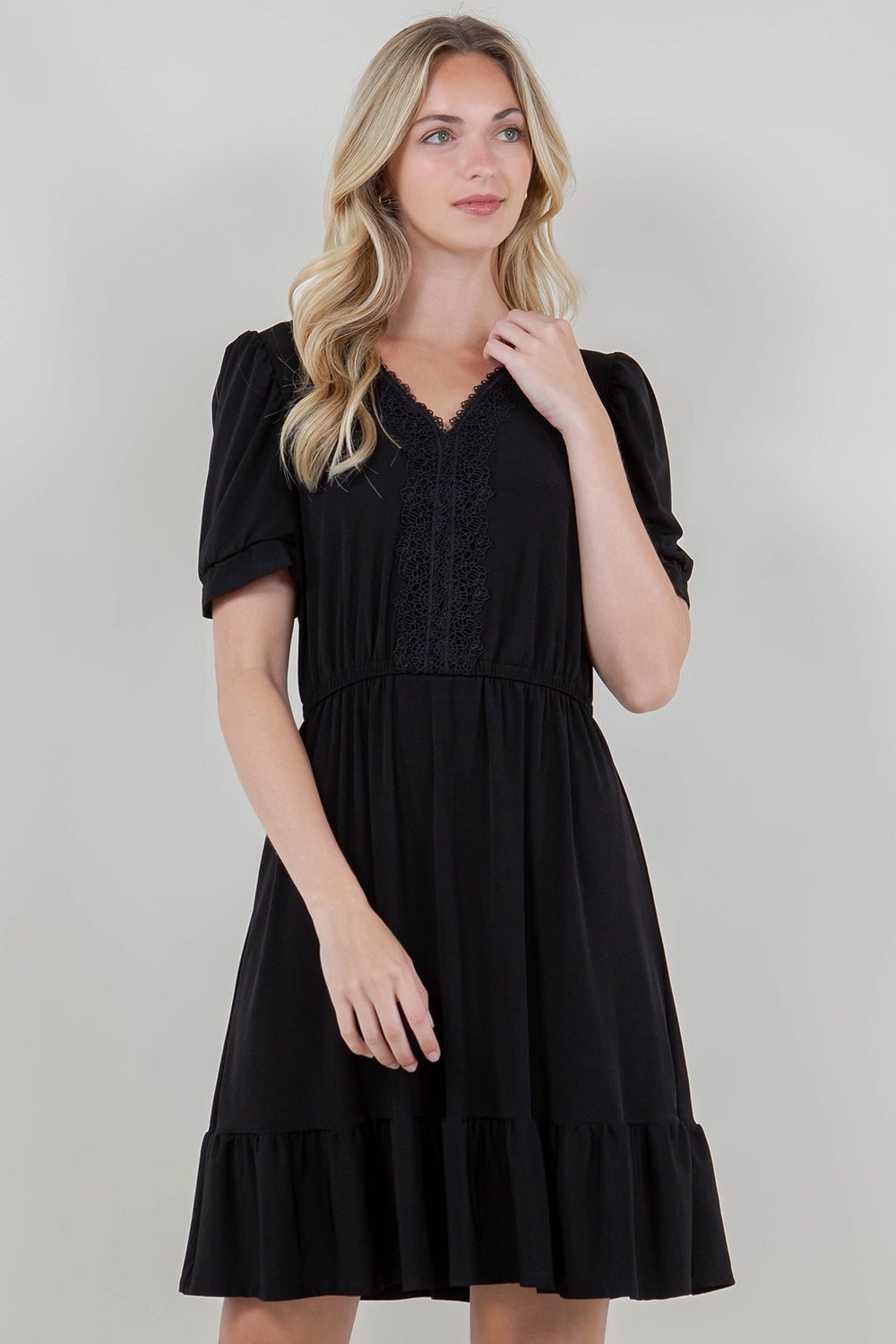 3/4 SLV RUFFLE HEM ELASTIC WAIST DRESS WITH LACE NECKLINE - D3090-ITY TOP