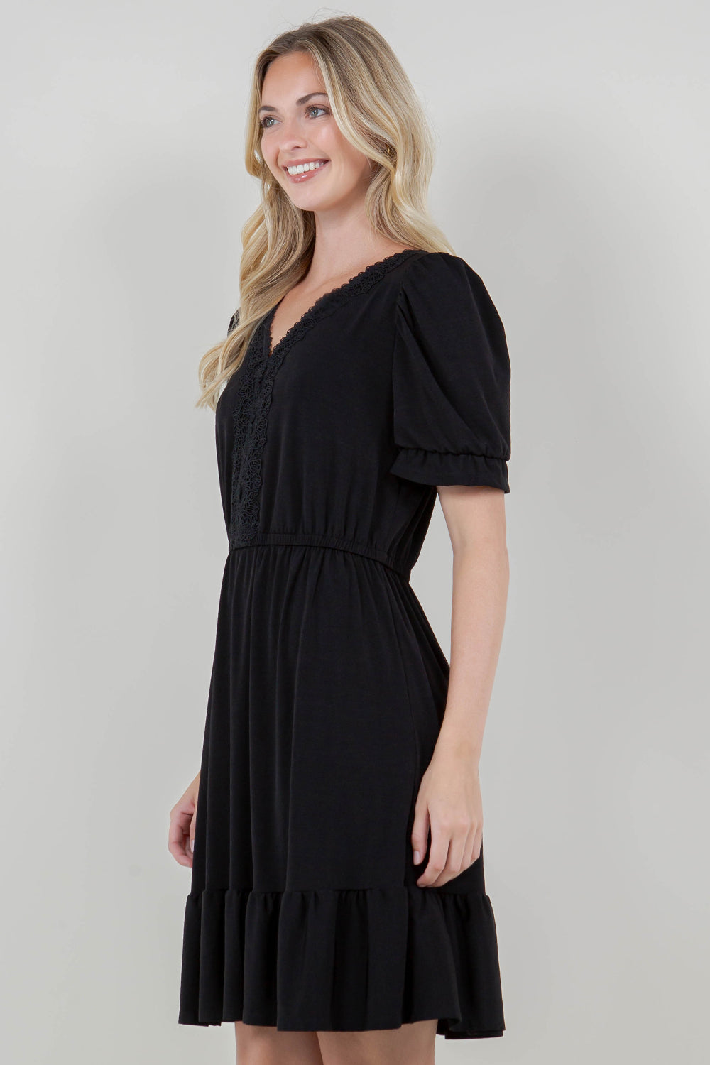 3/4 SLV RUFFLE HEM ELASTIC WAIST DRESS WITH LACE NECKLINE - D3090-ITY TOP