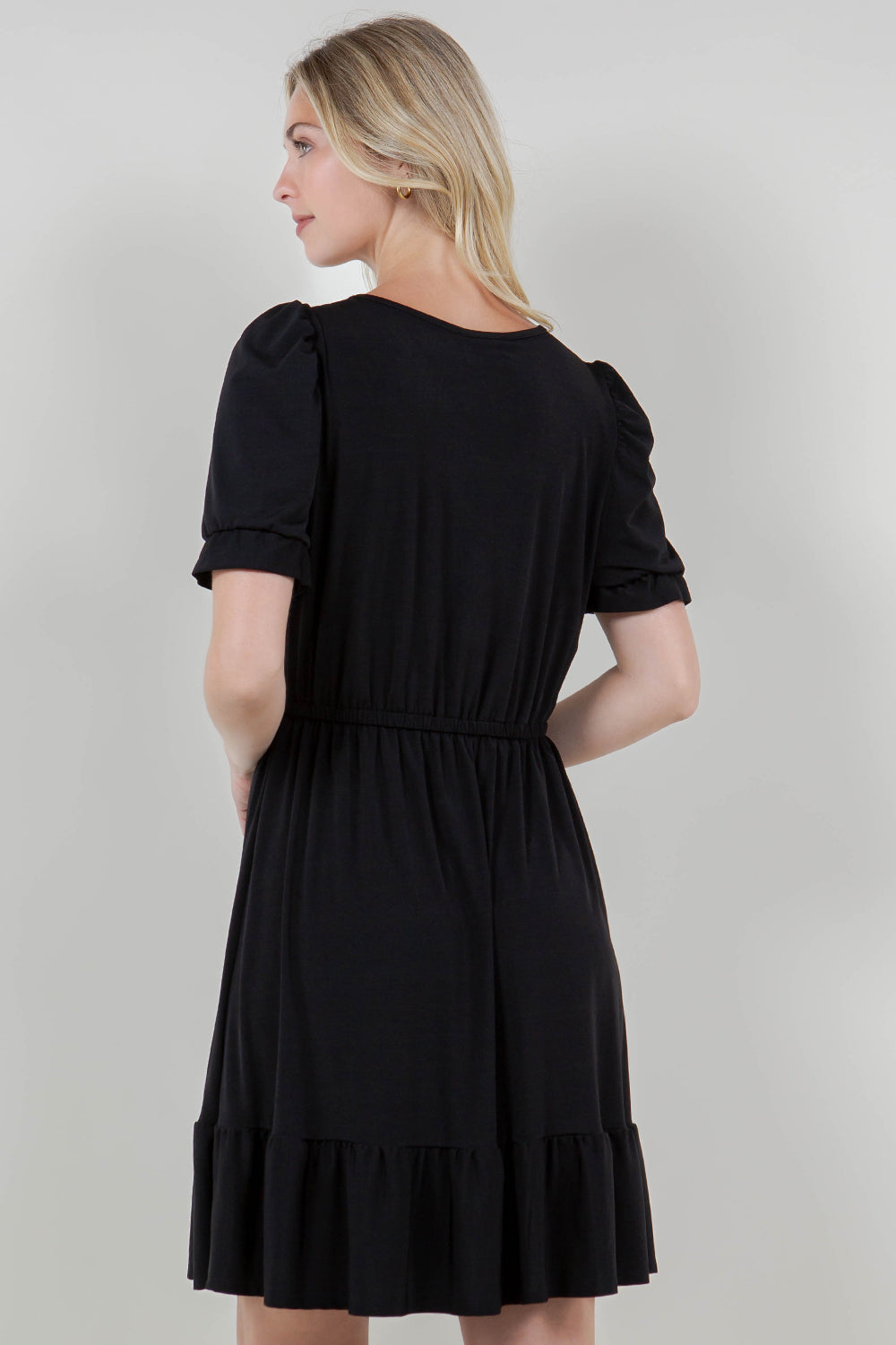 3/4 SLV RUFFLE HEM ELASTIC WAIST DRESS WITH LACE NECKLINE - D3090-ITY TOP