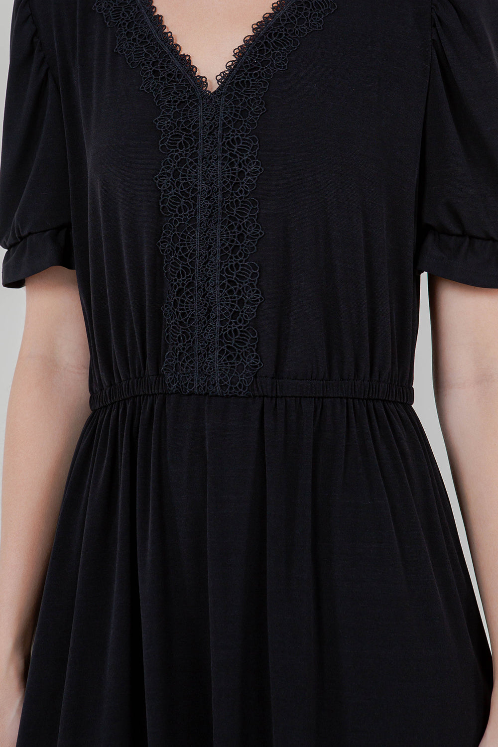 3/4 SLV RUFFLE HEM ELASTIC WAIST DRESS WITH LACE NECKLINE - D3090-ITY TOP
