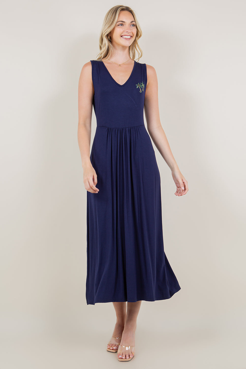 SL V NECK WAIST SHIRRING MAXI DRESS - D3122