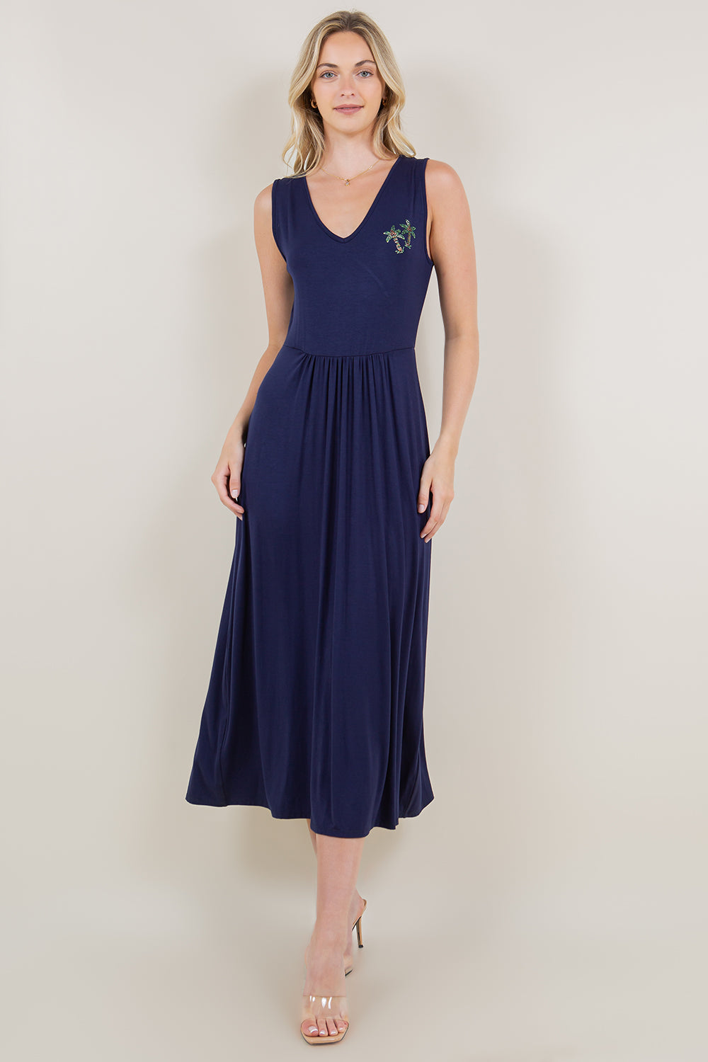 SL V NECK WAIST SHIRRING MAXI DRESS - D3122