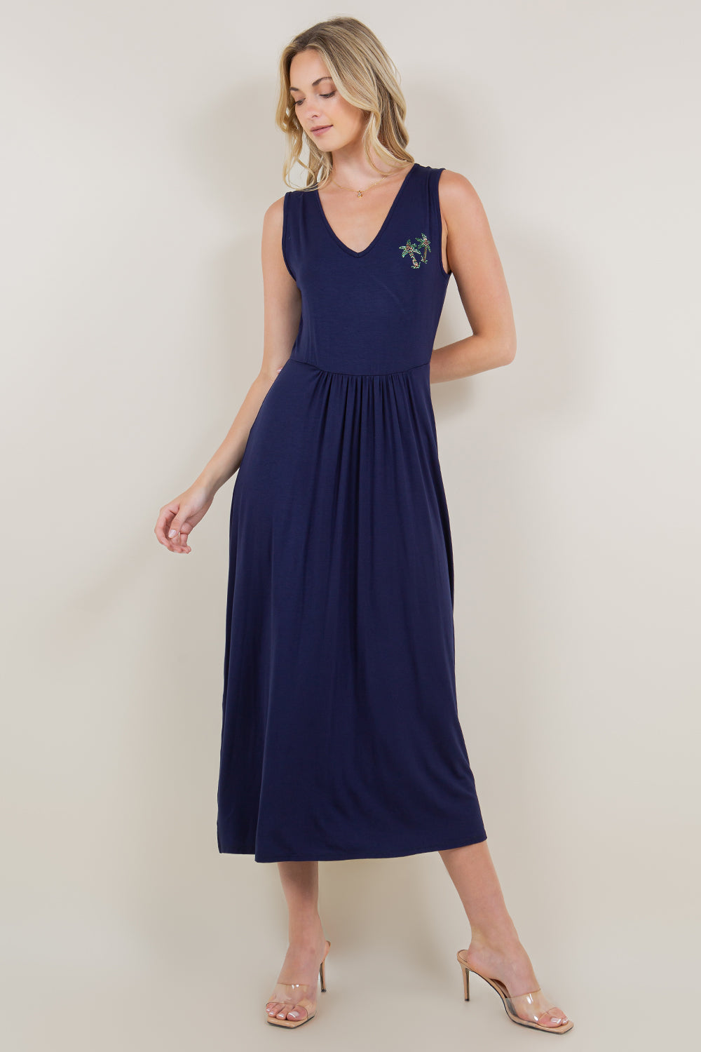 SL V NECK WAIST SHIRRING MAXI DRESS - D3122