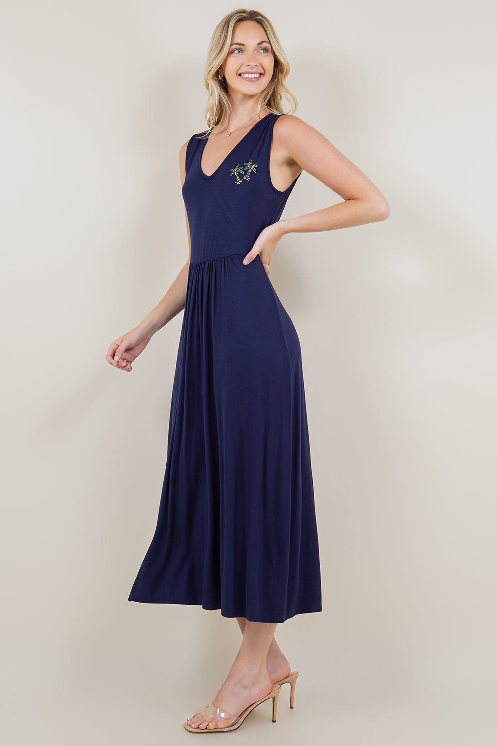 SL V NECK WAIST SHIRRING MAXI DRESS - D3122