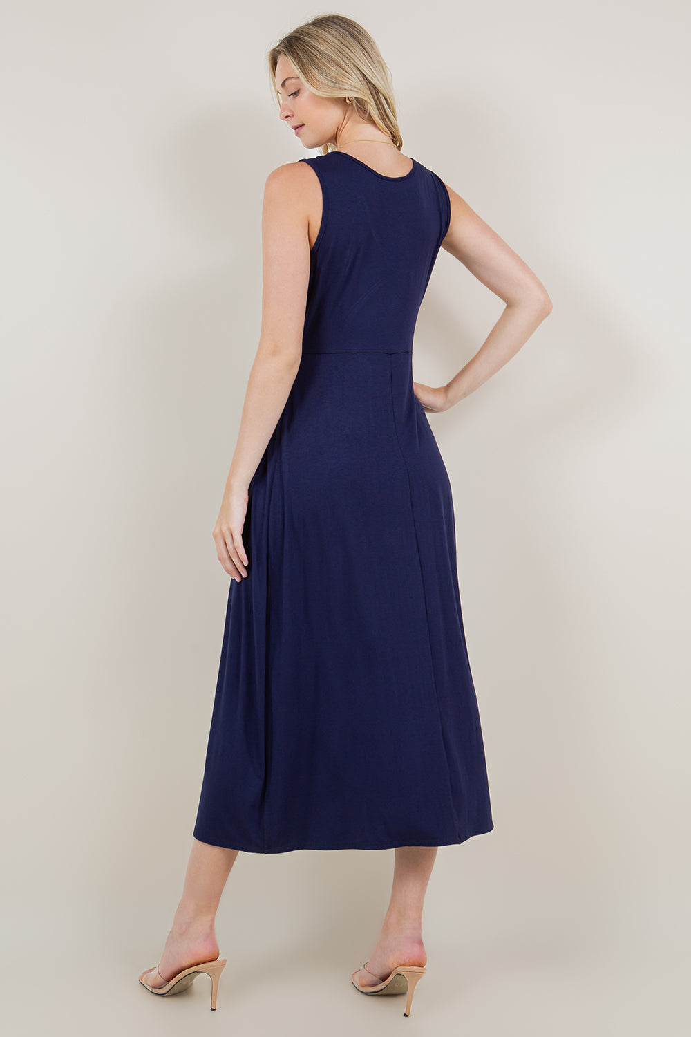 SL V NECK WAIST SHIRRING MAXI DRESS - D3122