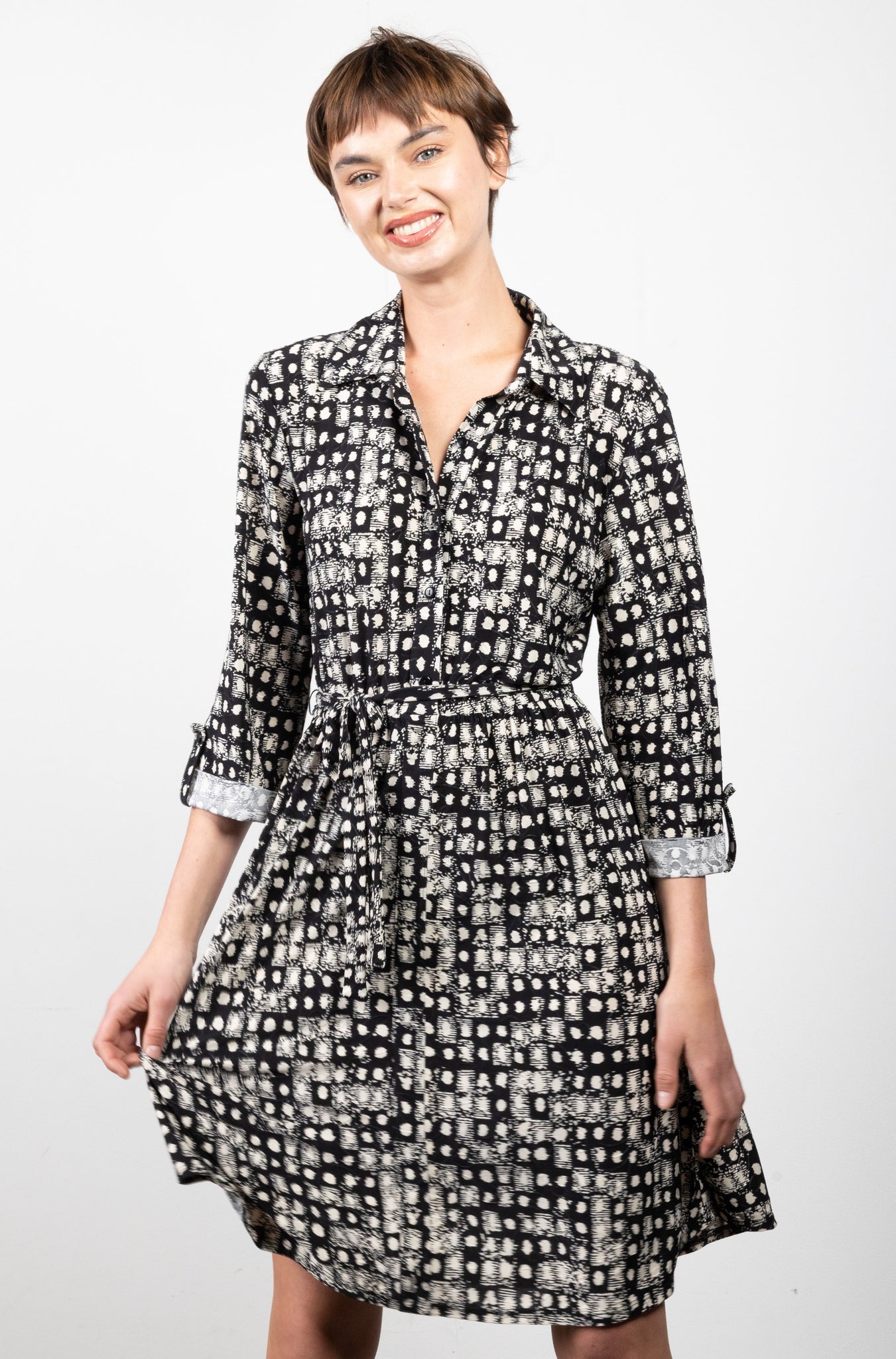 3/4 SLEEVE SHIRT DRESS WITH WAIST TIE - D3133-DSPR-94217