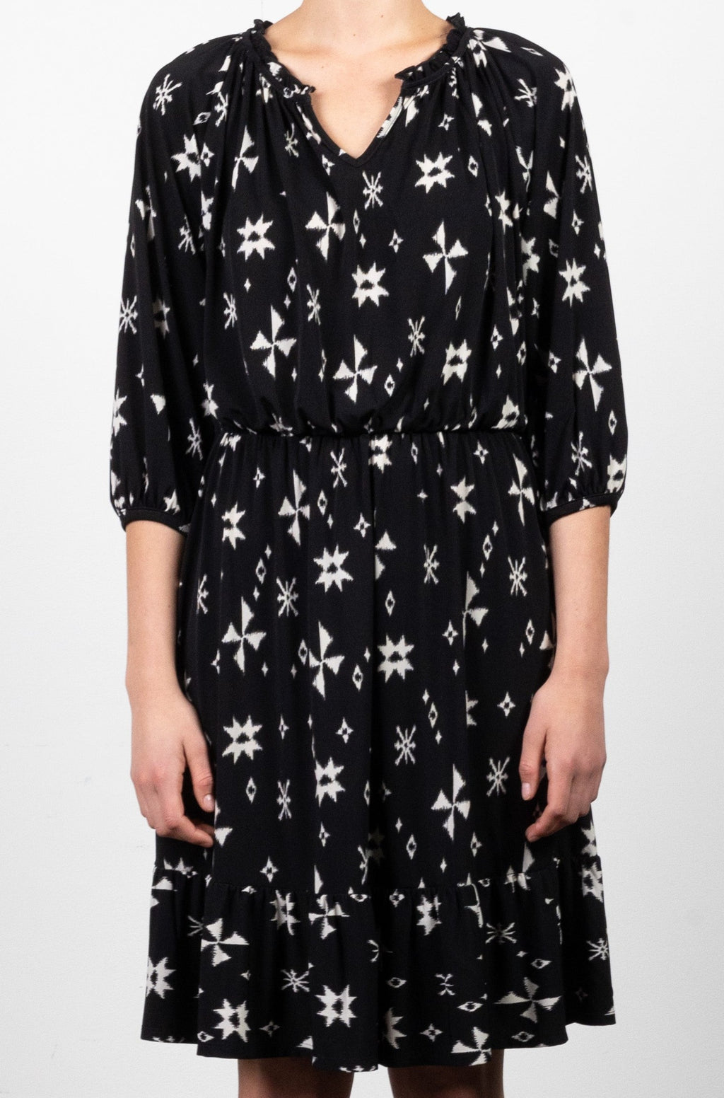 3/4 RAGLAN SLEEVE RUFFLED NOTCH NECKLINE DRESS - D3137-86751-0