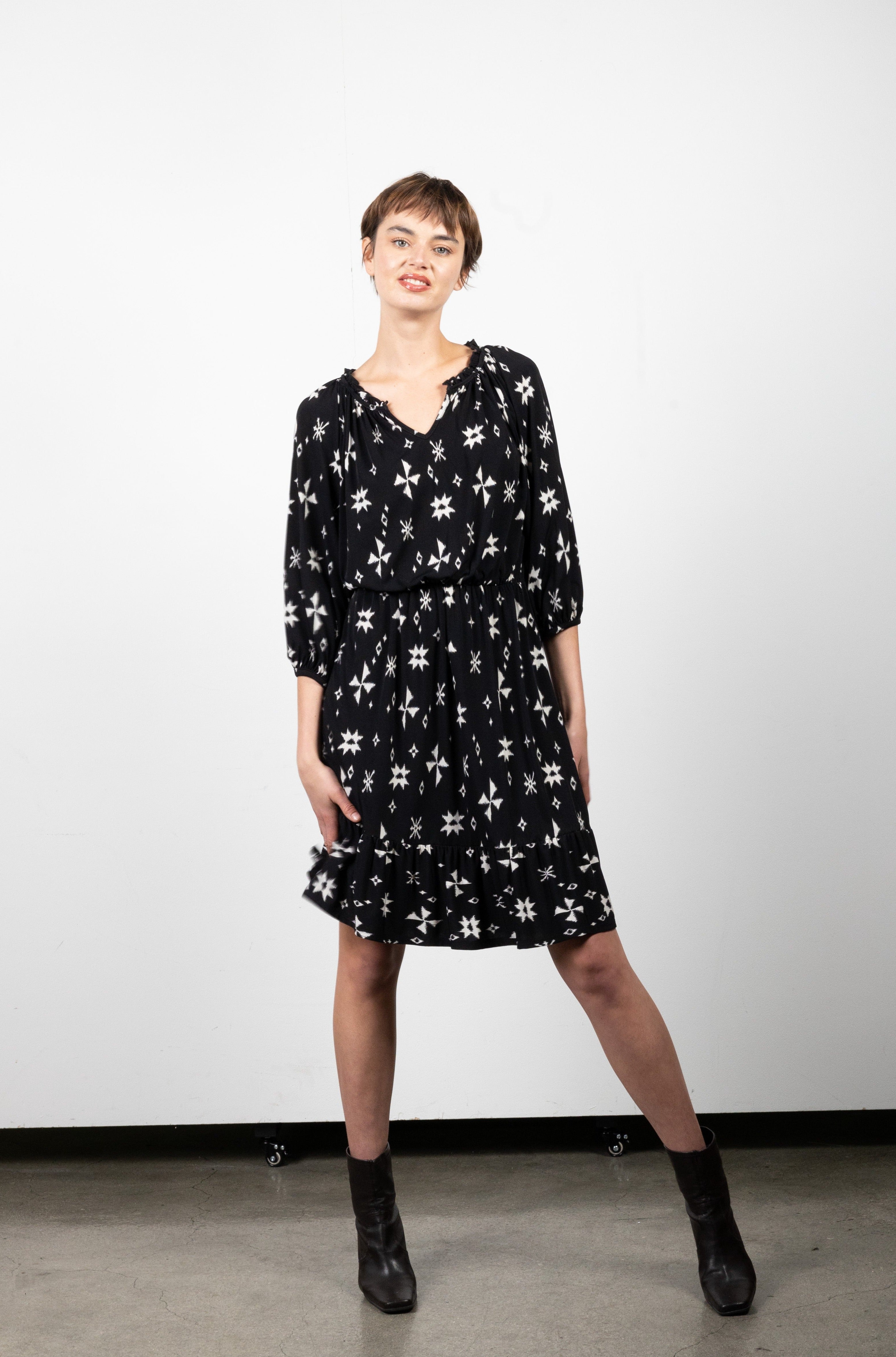 3/4 RAGLAN SLEEVE RUFFLED NOTCH NECKLINE DRESS - D3137-86751-0