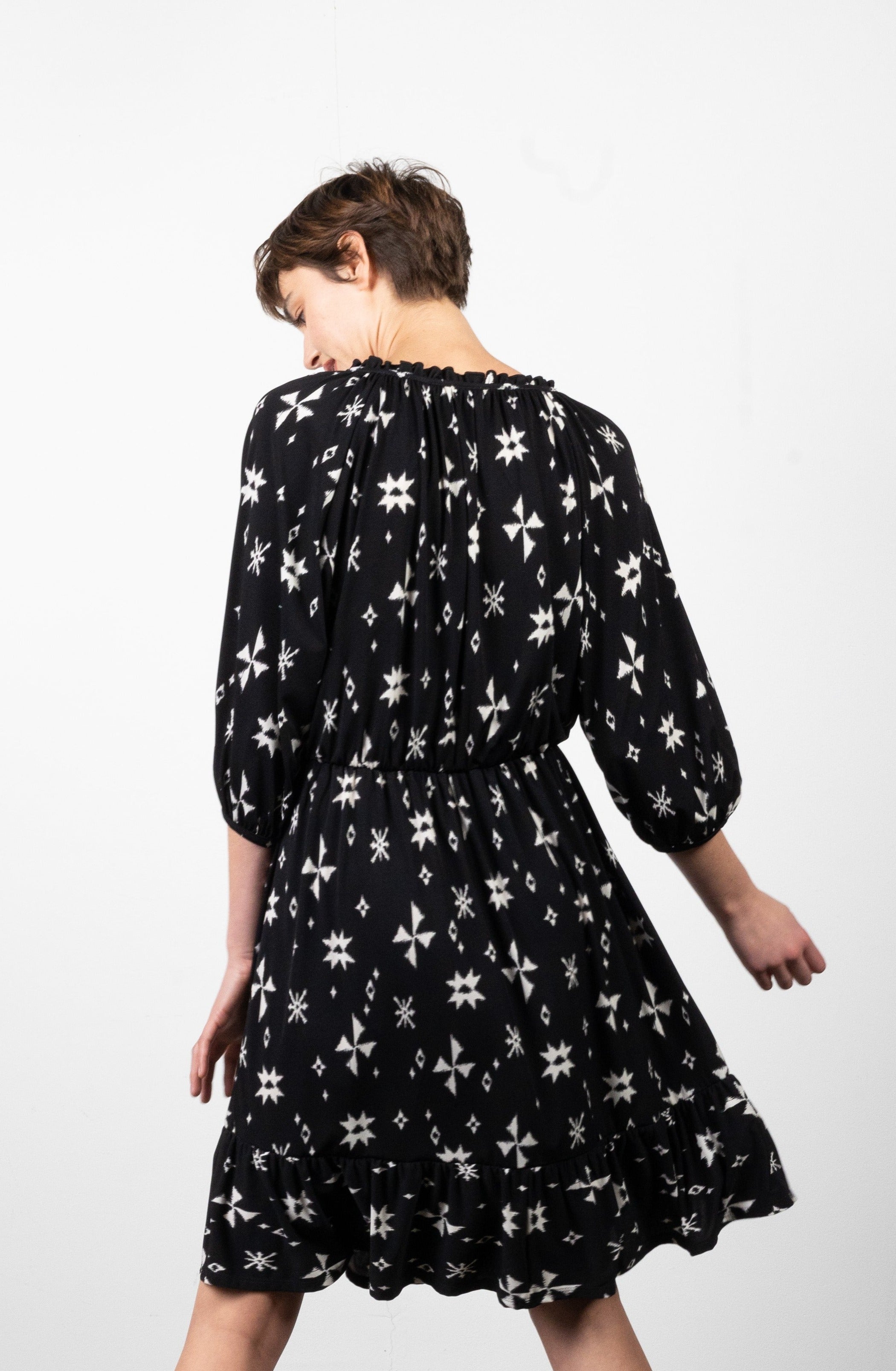 3/4 RAGLAN SLEEVE RUFFLED NOTCH NECKLINE DRESS - D3137-86751-0