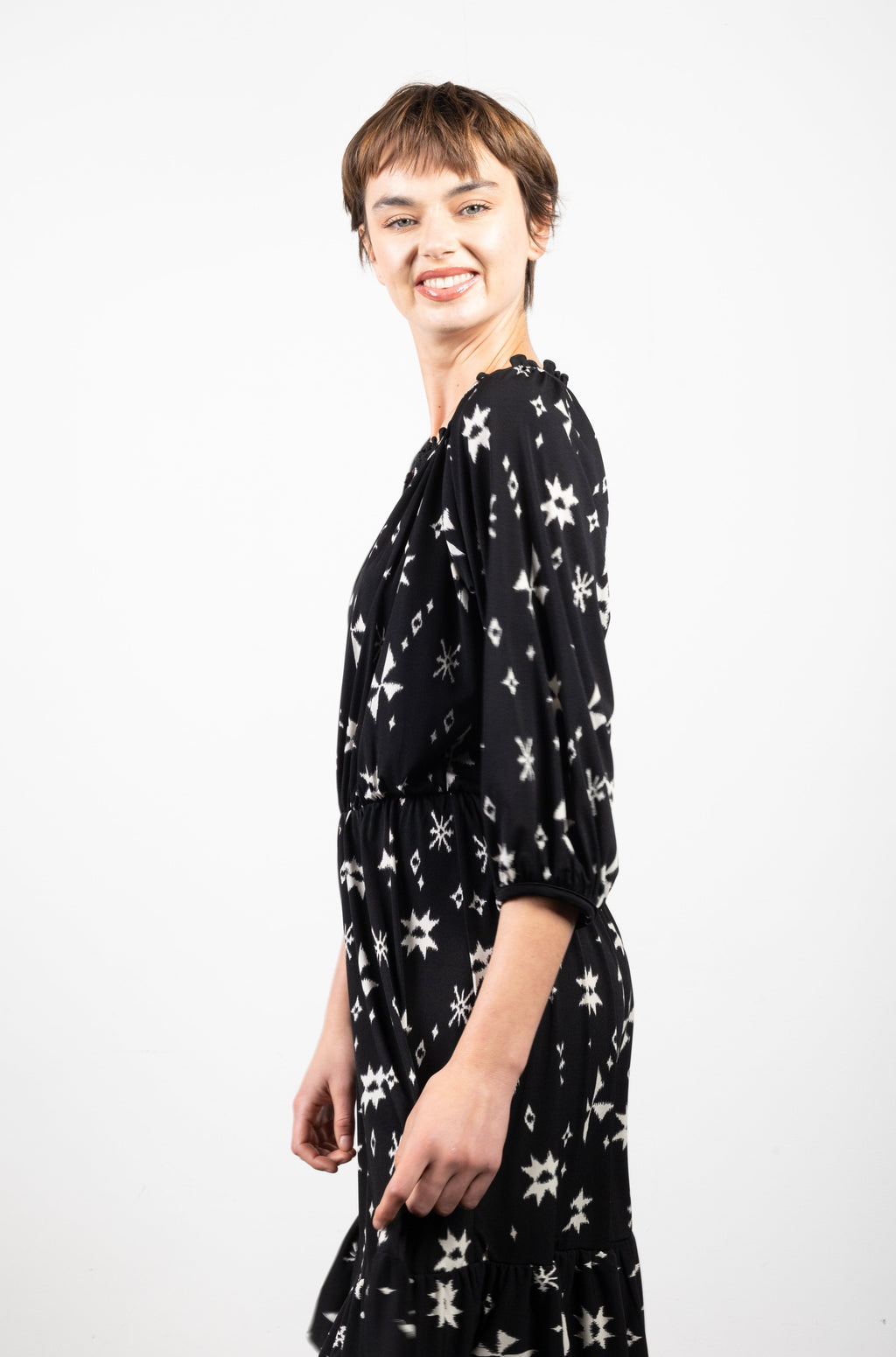 3/4 RAGLAN SLEEVE RUFFLED NOTCH NECKLINE DRESS - D3137-86751-0