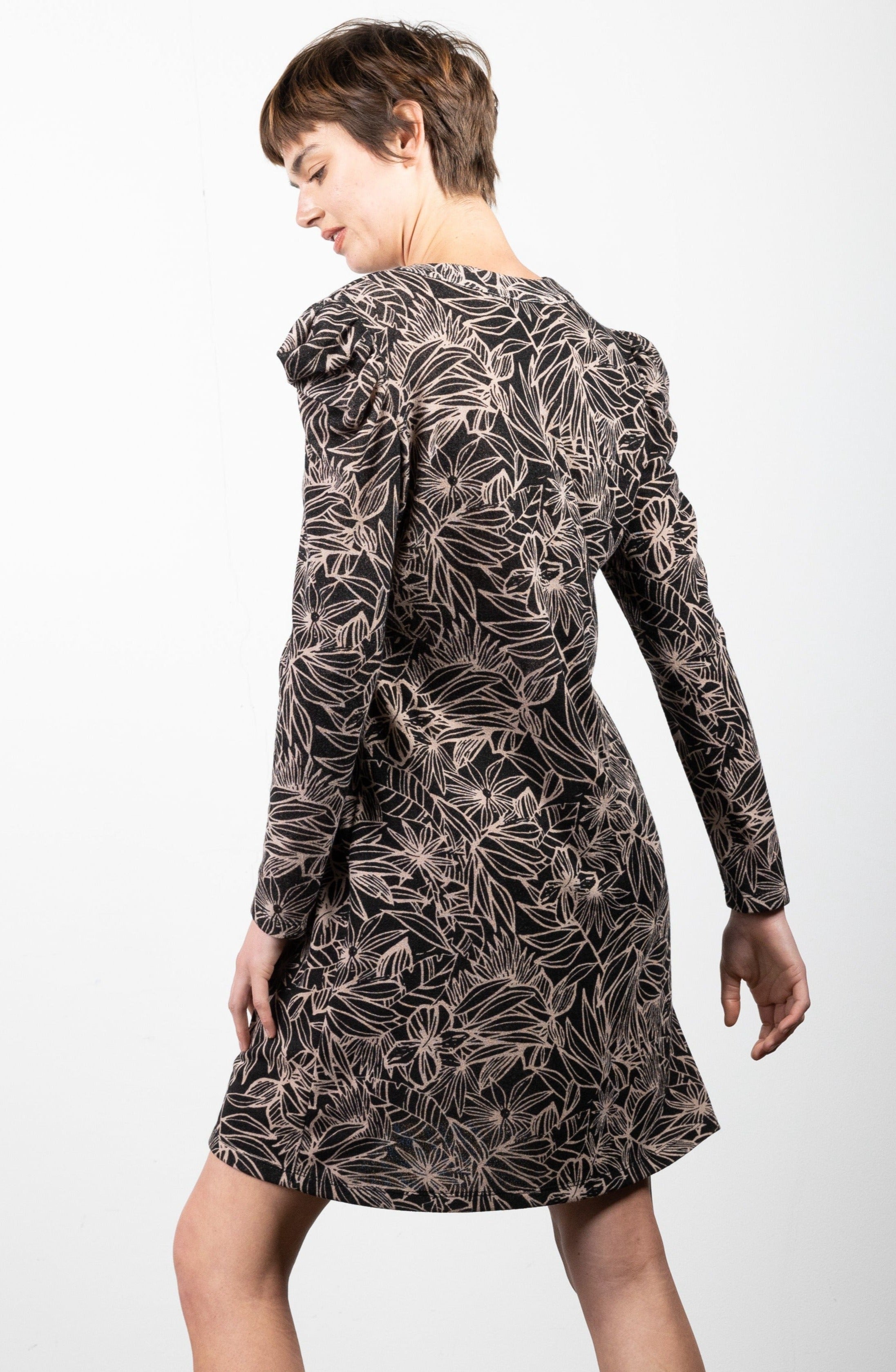 V NECK BUTTON DRESS WITH VOLUME SLEEVE AND DARTS - D3145-A0859