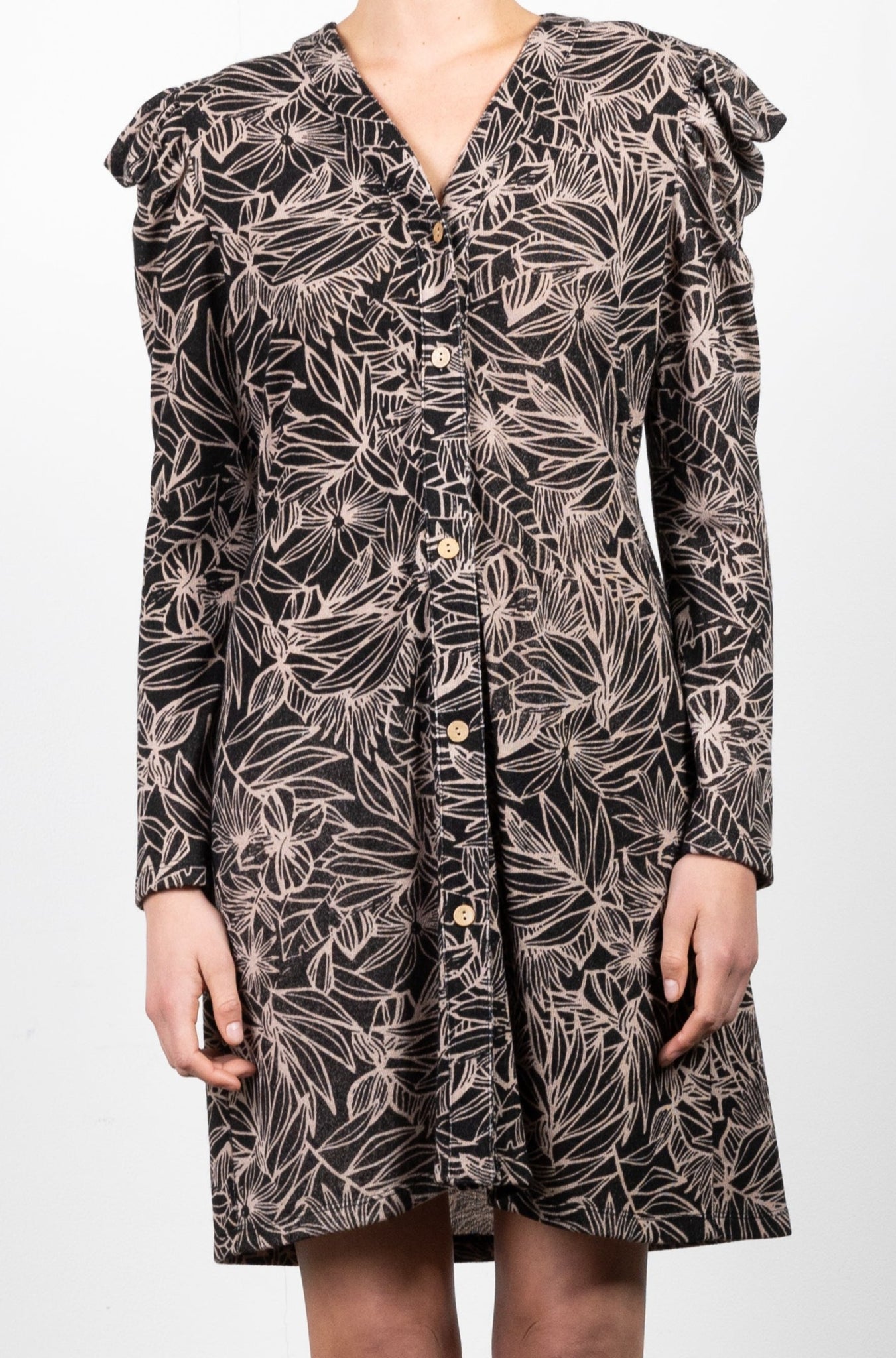 V NECK BUTTON DRESS WITH VOLUME SLEEVE AND DARTS - D3145-A0859