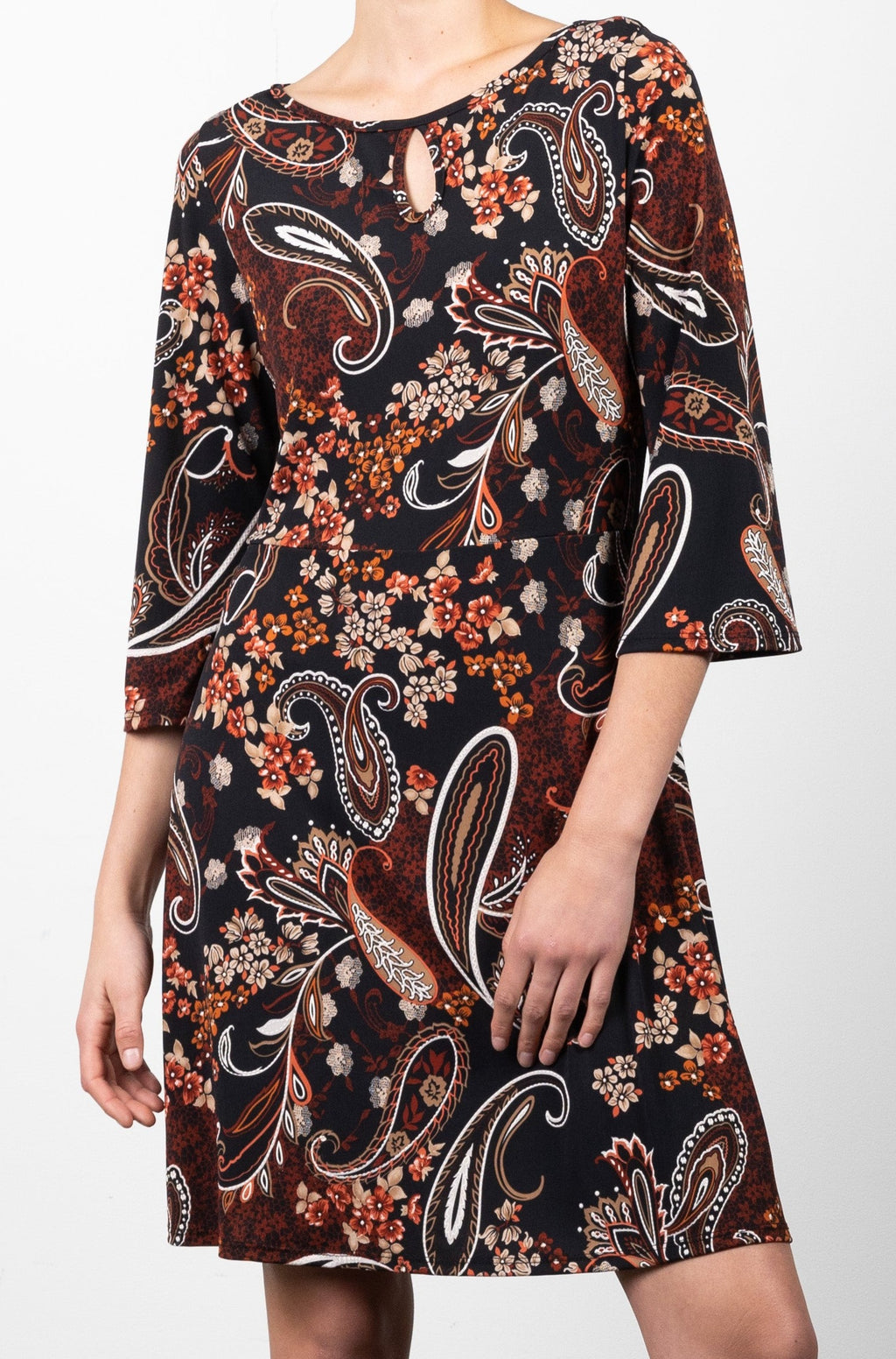 3/4 BELL SLEEVE FIT FLARE DRESS WITH KEYHOLE NECKLINE - D3153-48628