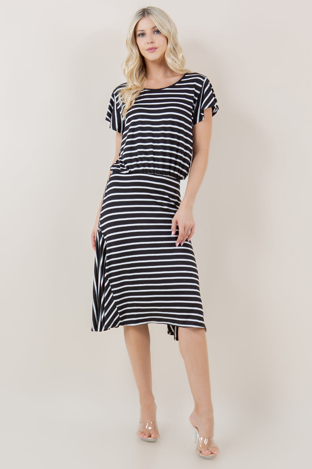 S/SLV CASCADE BLUSON MERMAID GODET DRESS - D3160-STRSJ