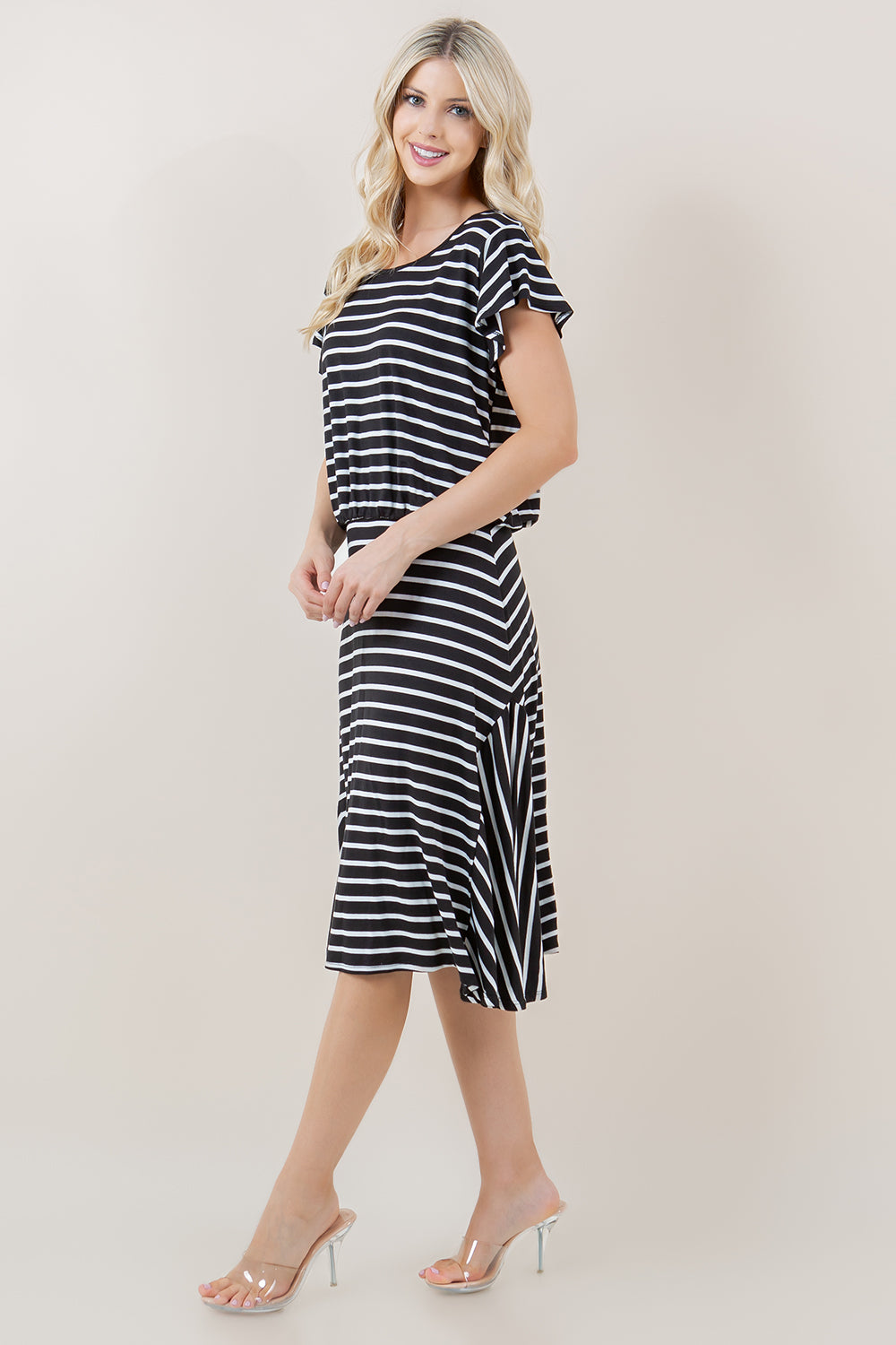 S/SLV CASCADE BLUSON MERMAID GODET DRESS - D3160-STRSJ