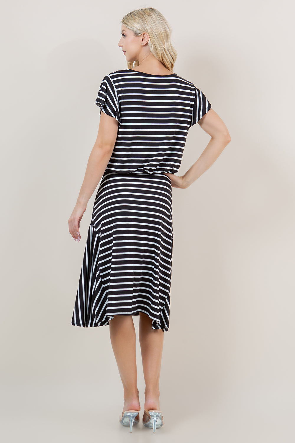 S/SLV CASCADE BLUSON MERMAID GODET DRESS - D3160-STRSJ