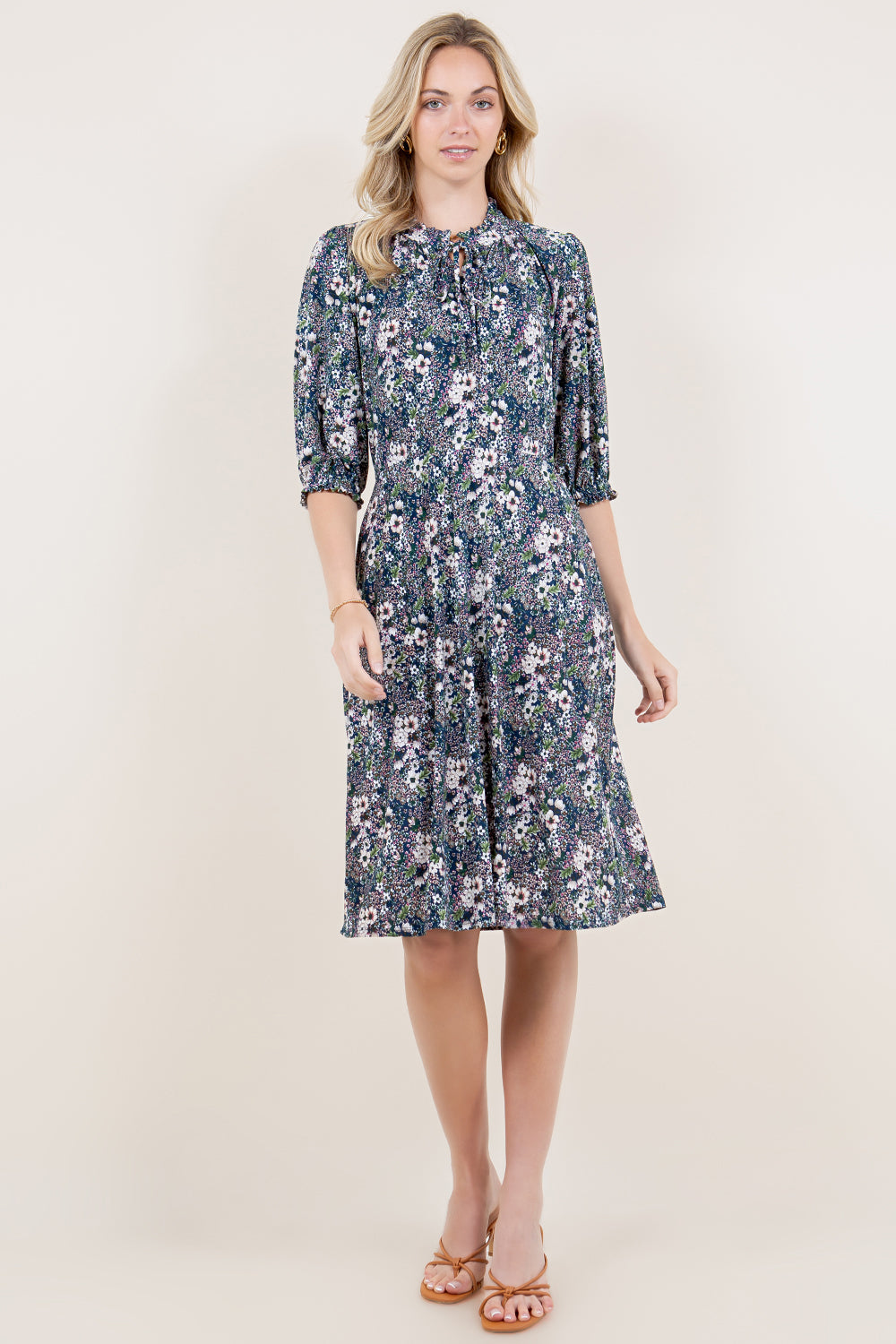 ELBOW LENGTH KEYHOLE NECKLINE DRESS - D3162-96430-40-JQITY