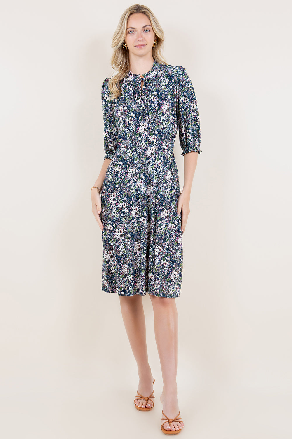 ELBOW LENGTH KEYHOLE NECKLINE DRESS - D3162-96430-40-JQITY