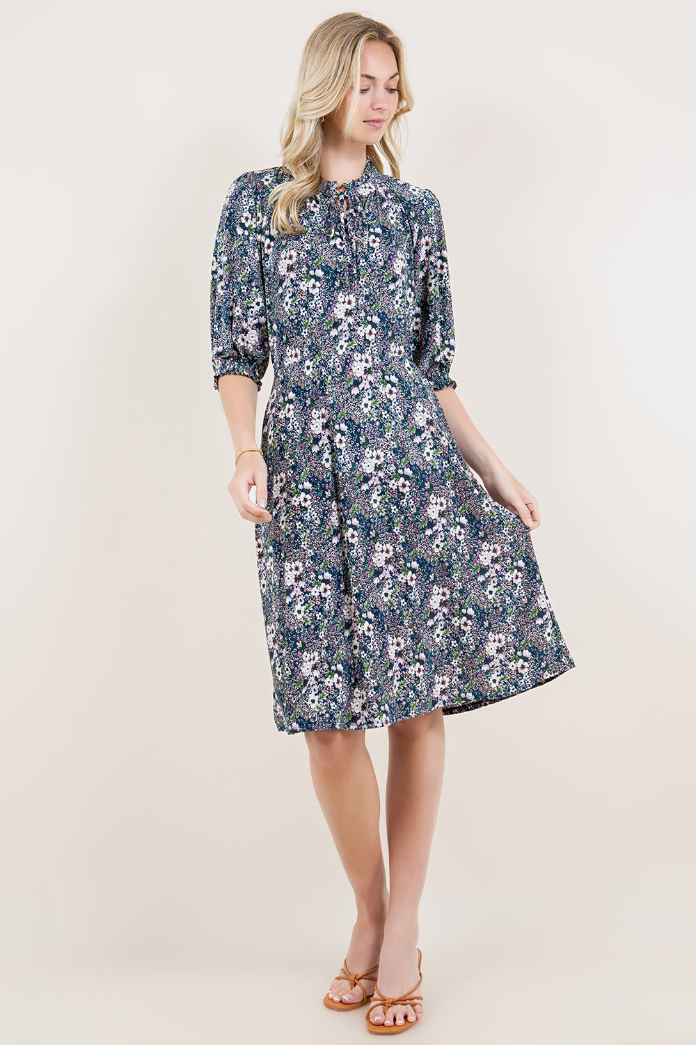 ELBOW LENGTH KEYHOLE NECKLINE DRESS - D3162-96430-40-JQITY