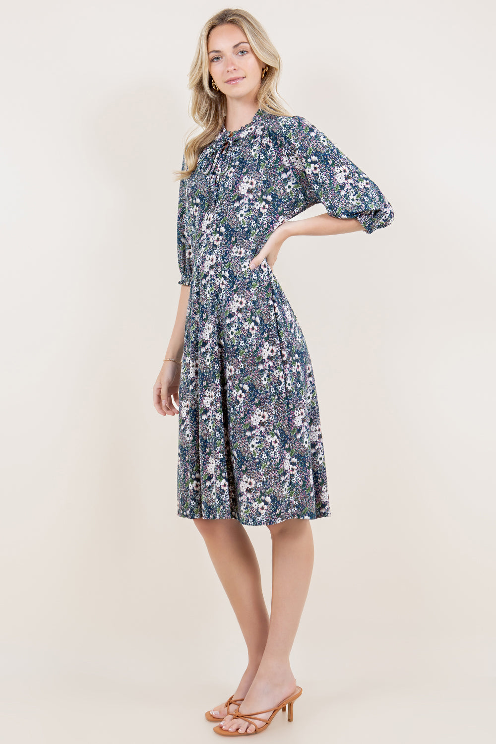 ELBOW LENGTH KEYHOLE NECKLINE DRESS - D3162-96430-40-JQITY