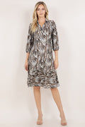 3/4 SLV SHIRT COLLAR SURPLICE RUFFLE HEM MIDI DRESS / D3215-3Q-62422