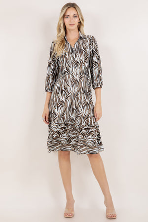 3/4 SLV SHIRT COLLAR SURPLICE RUFFLE HEM MIDI DRESS / D3215-3Q-62422