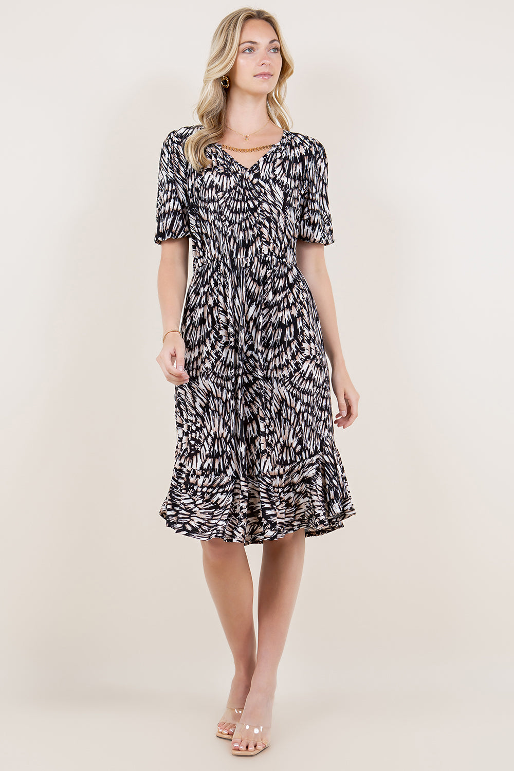 ELBOW BALLOON SLEEVE V NECK DRESS WITH HARDWARE MIDI DRESS - D3218-1213-3-JQITY