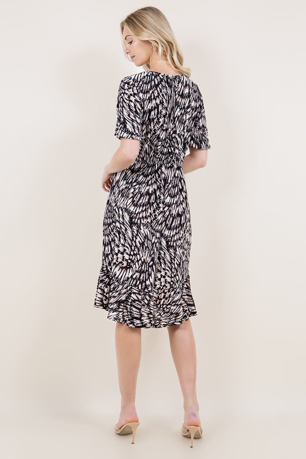 ELBOW BALLOON SLEEVE V NECK DRESS WITH HARDWARE MIDI DRESS - D3218-1213-3-JQITY