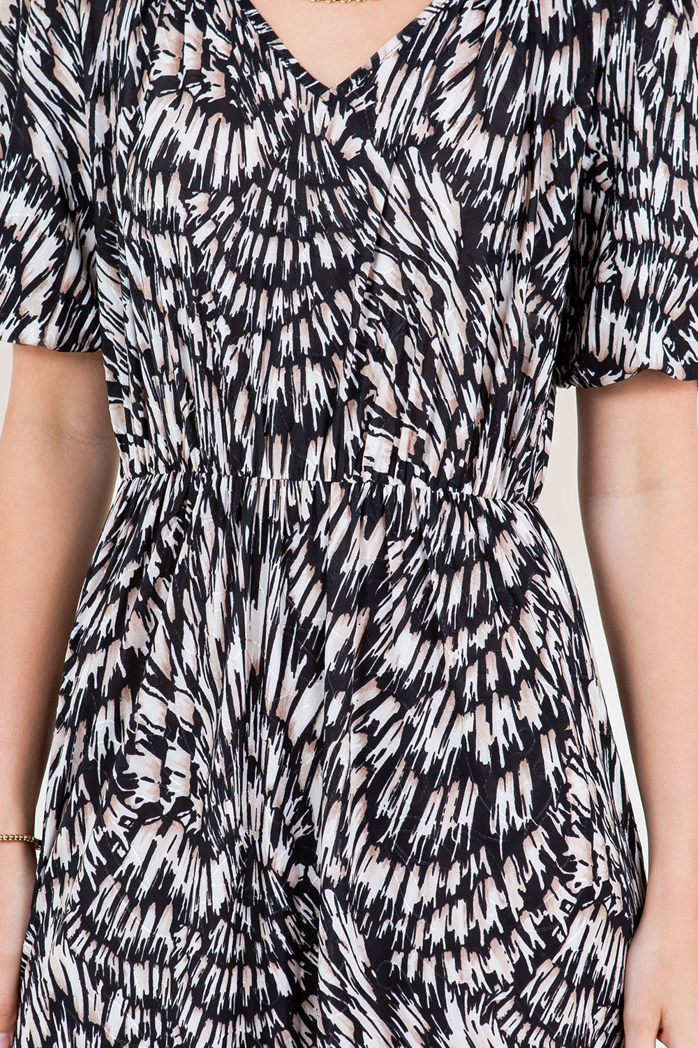 ELBOW BALLOON SLEEVE V NECK DRESS WITH HARDWARE MIDI DRESS - D3218-1213-3-JQITY