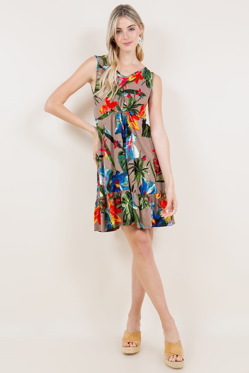 GOLD BELT ACCENT V NECK RUFFLE HEM DRESS - D3338-1203-3