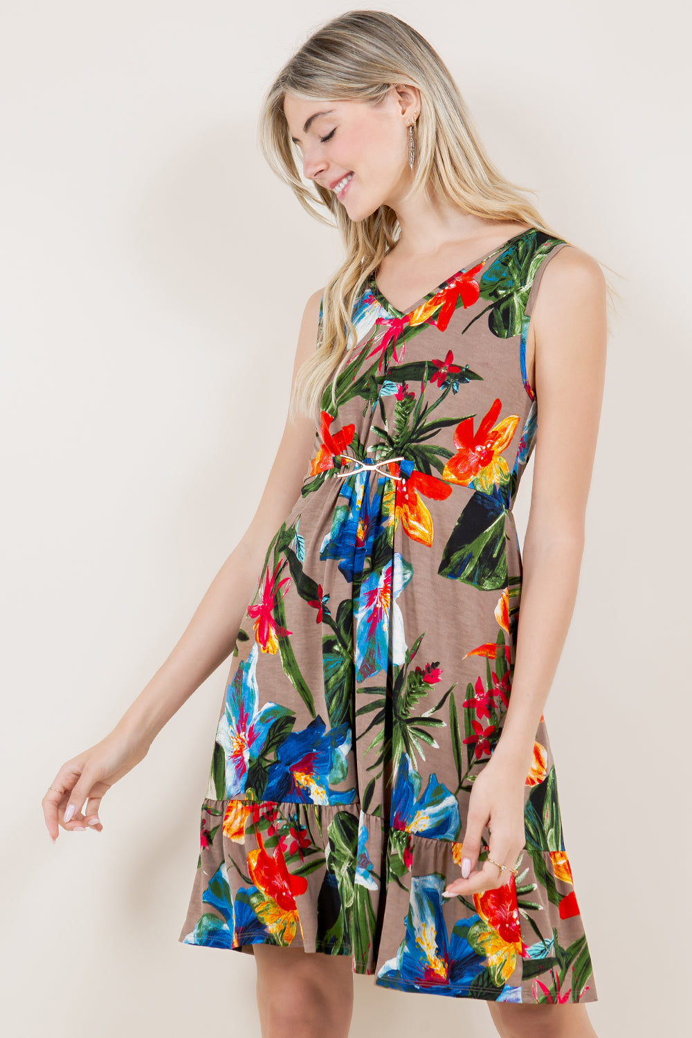 GOLD BELT ACCENT V NECK RUFFLE HEM DRESS - D3338-1203-3