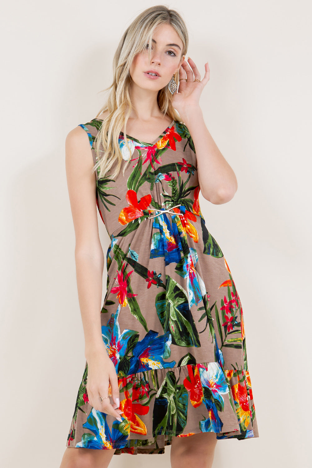 GOLD BELT ACCENT V NECK RUFFLE HEM DRESS - D3338-1203-3