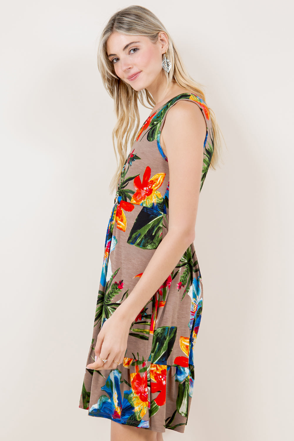 GOLD BELT ACCENT V NECK RUFFLE HEM DRESS - D3338-1203-3