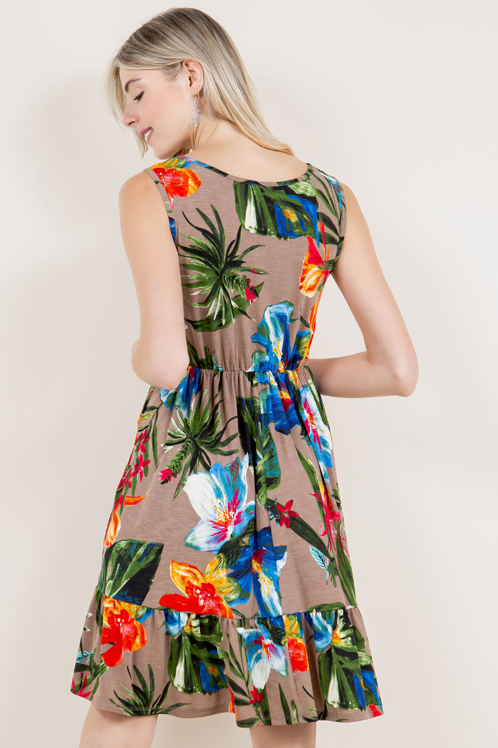 GOLD BELT ACCENT V NECK RUFFLE HEM DRESS - D3338-1203-3