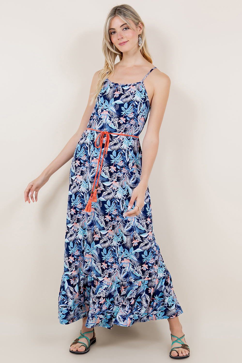 SL TIERED MAXI DRESS W/ SPAGHETTI STRAPS AND WAIST TIE CORD - D3368-A2782-7