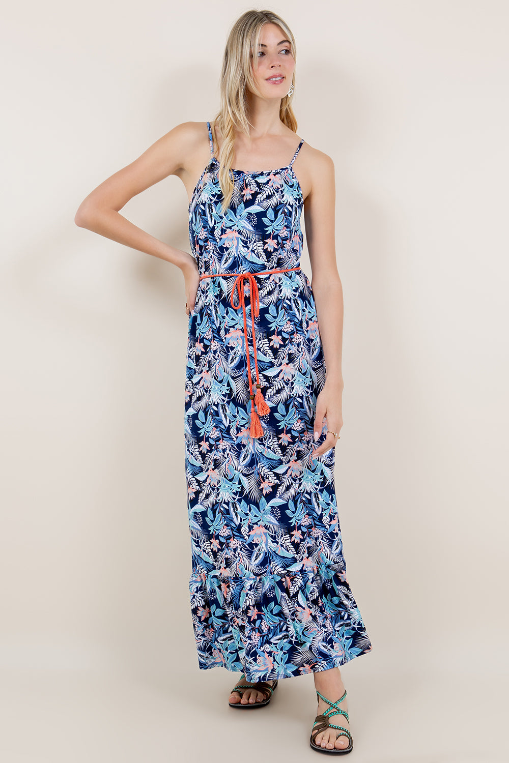 SL TIERED MAXI DRESS W/ SPAGHETTI STRAPS AND WAIST TIE CORD - D3368-A2782-7