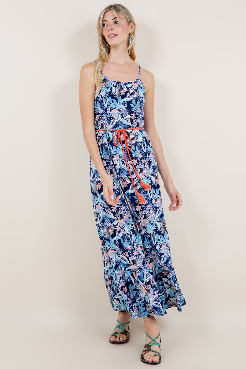 SL TIERED MAXI DRESS W/ SPAGHETTI STRAPS AND WAIST TIE CORD - D3368-A2782-7