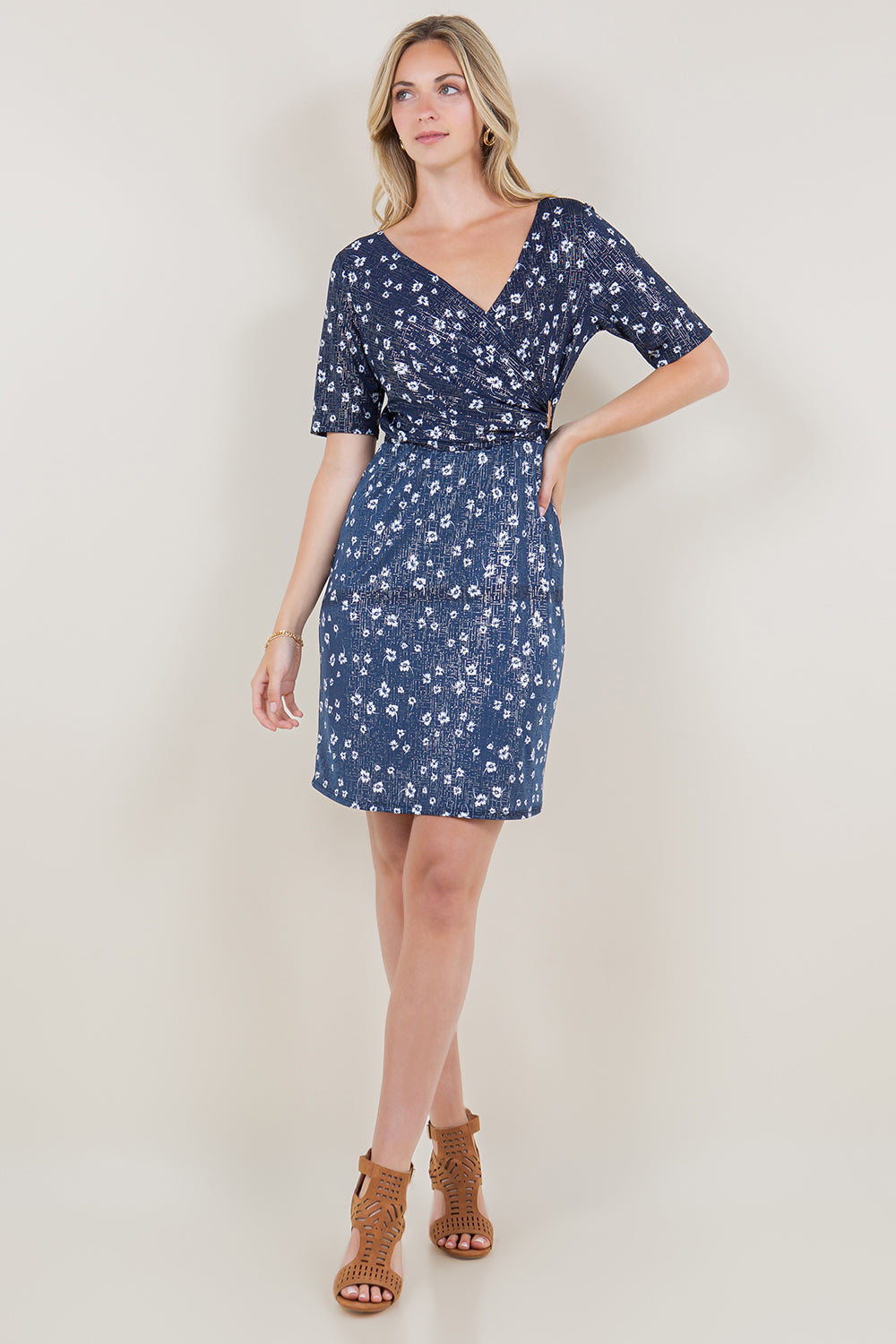 ELBOW SLEEVE GOLD ACCENT FAUX WRAP DRESS - D3370-A1429-1