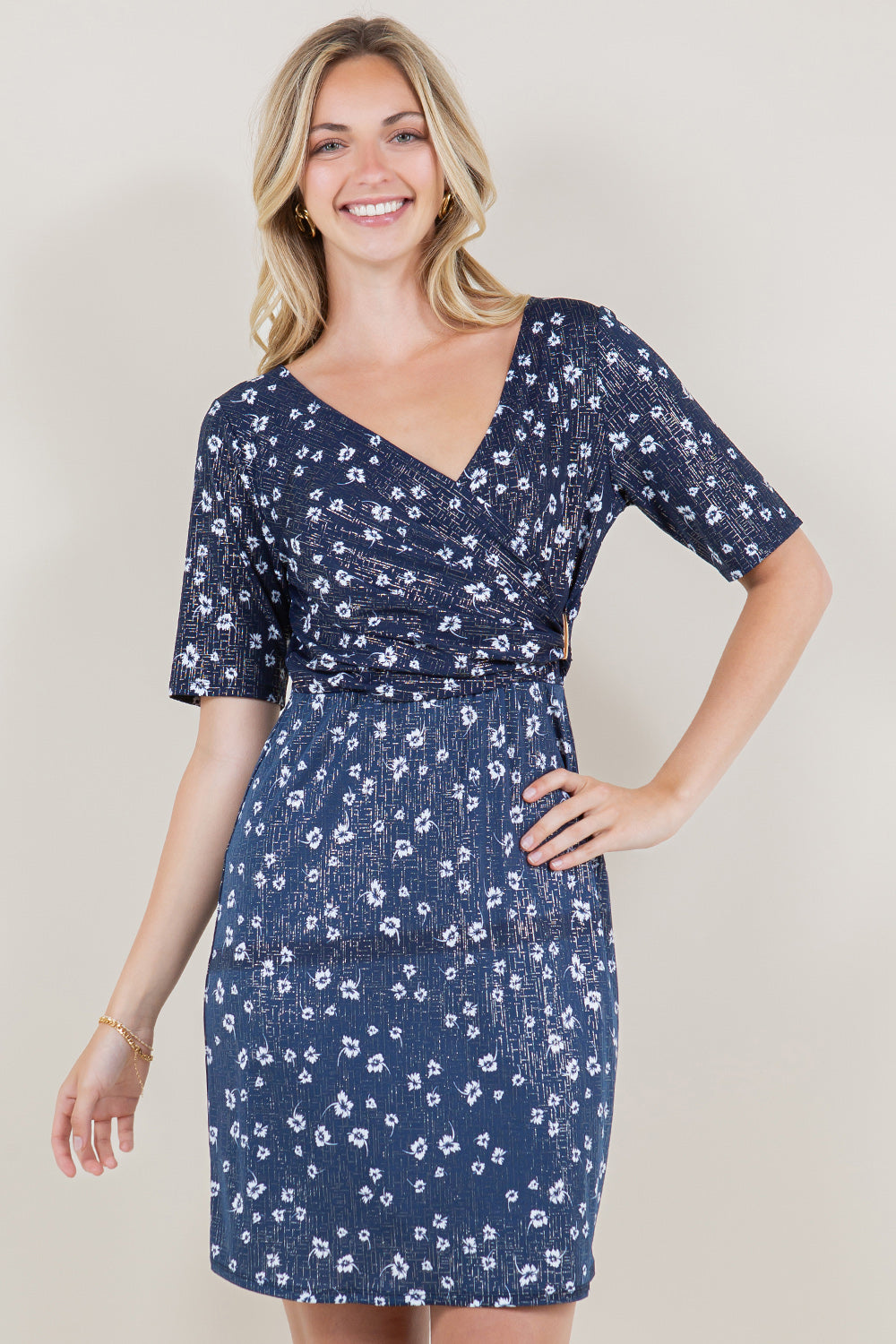 ELBOW SLEEVE GOLD ACCENT FAUX WRAP DRESS - D3370-A1429-1