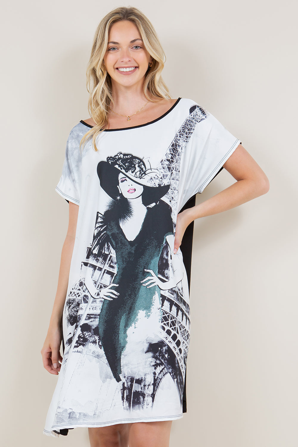 SS DOLMAN MIX MEDIA SUBLIMATED FRONT DRESS - D3376-LY2306C