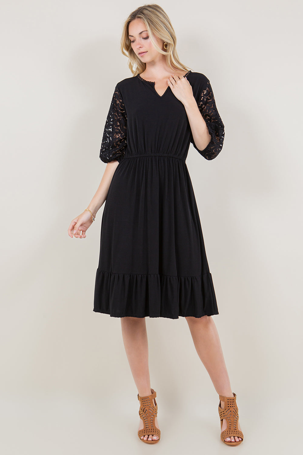 ELBOW SLEEVE POM POM NECK RUFFLE HEM DRESS - D3382-MALIBU
