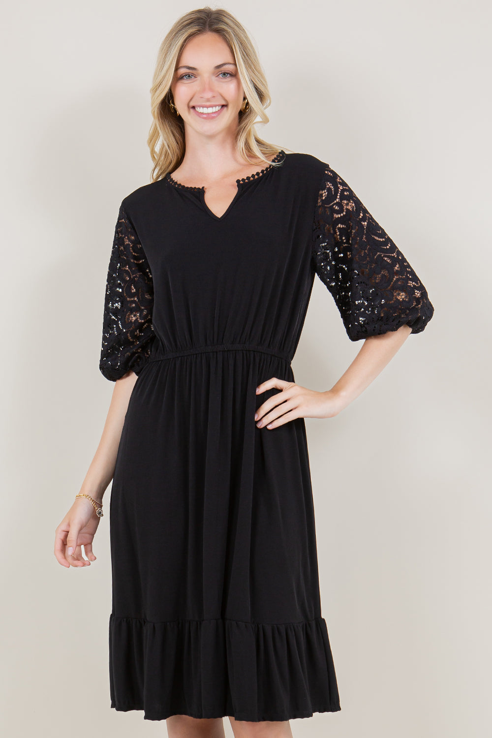 ELBOW SLEEVE POM POM NECK RUFFLE HEM DRESS - D3382-MALIBU