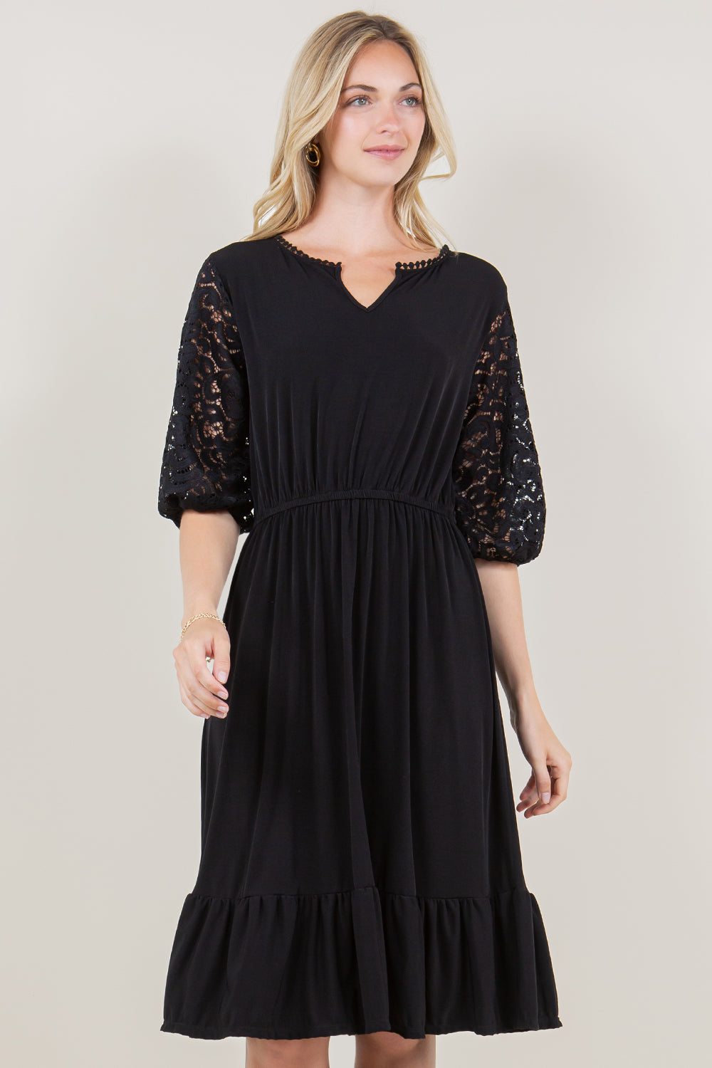 ELBOW SLEEVE POM POM NECK RUFFLE HEM DRESS - D3382-MALIBU