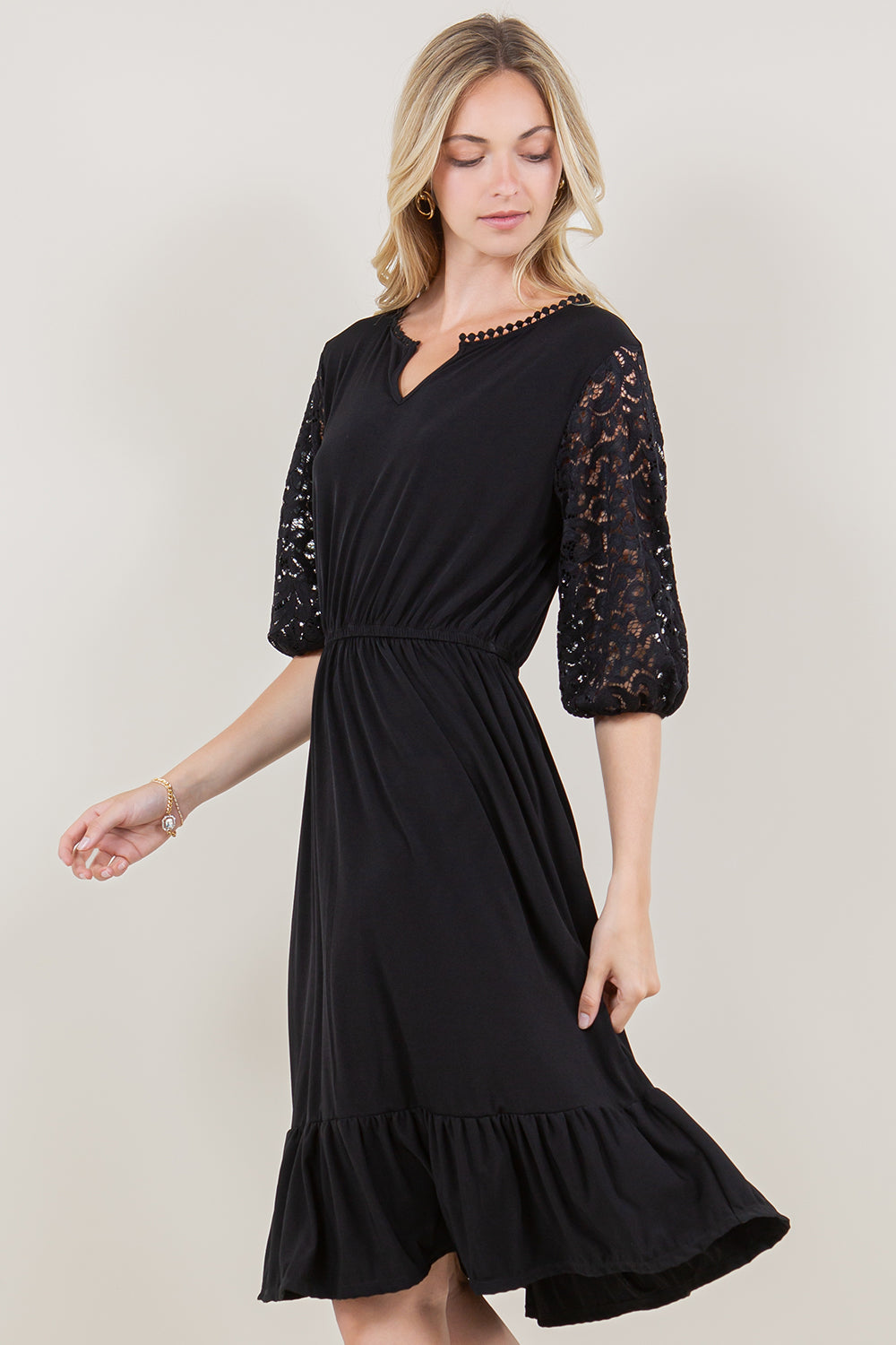 ELBOW SLEEVE POM POM NECK RUFFLE HEM DRESS - D3382-MALIBU