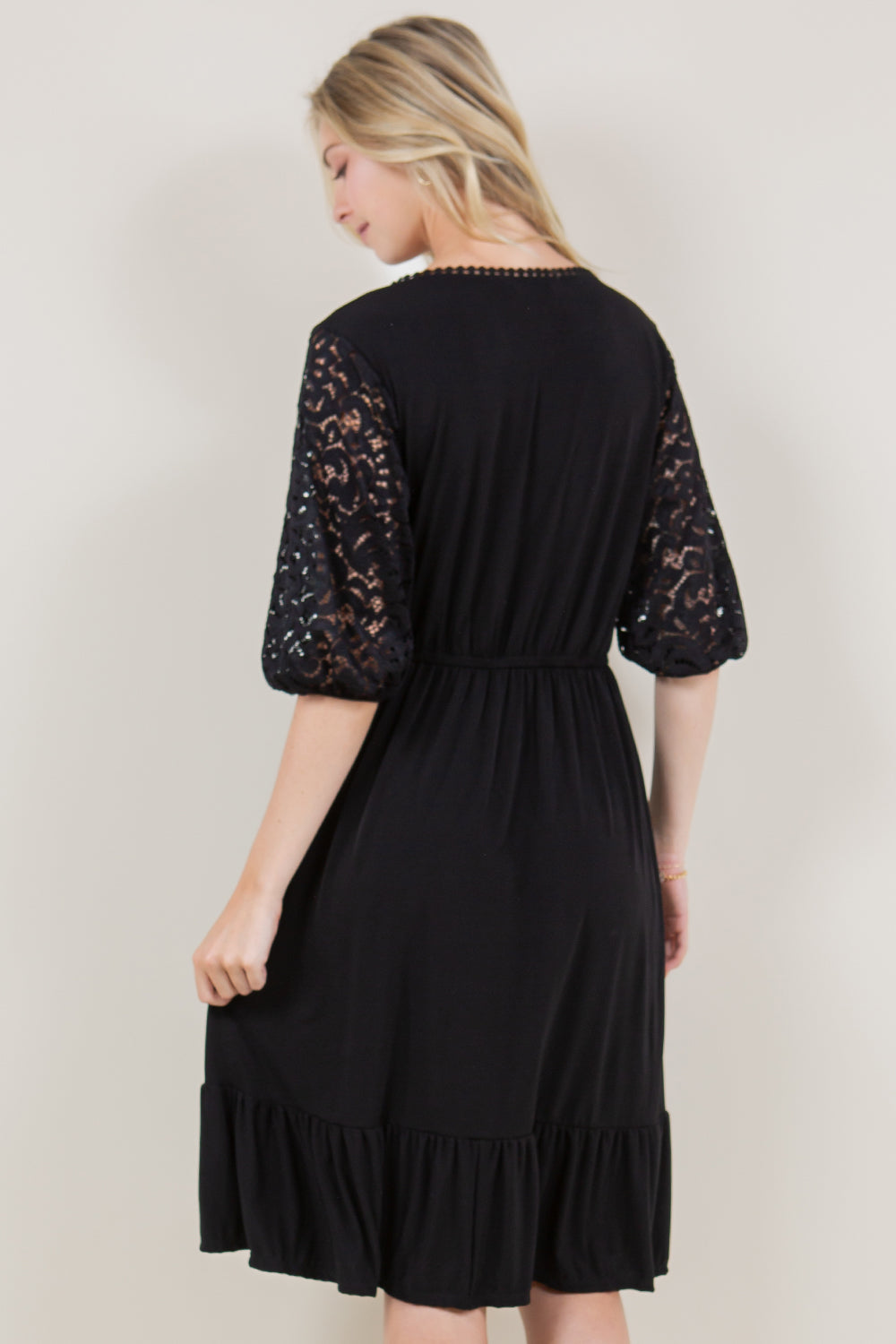 ELBOW SLEEVE POM POM NECK RUFFLE HEM DRESS - D3382-MALIBU