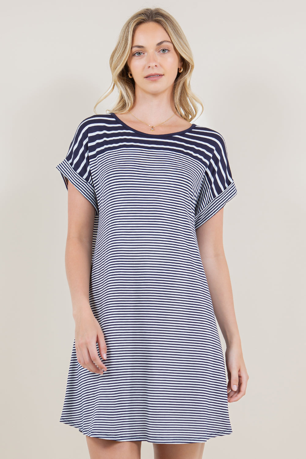 SS DOLMAN ROLL CUFF STRIPE BLOCK DRESS - D3405