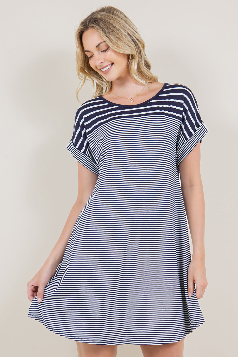 SS DOLMAN ROLL CUFF STRIPE BLOCK DRESS - D3405